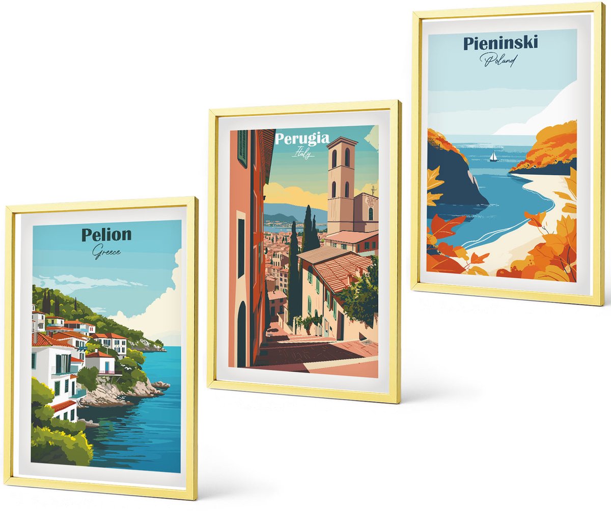 Coloray 3-Delige Schilderij Set - Berglandschappen En Straten Van Europese Steden - 40 x 40 cm En 40 x 60 cm - Wanddecoratie - Muurdecoratie - Moderne Interieurdecoratie - Decoratieve Schilderijen