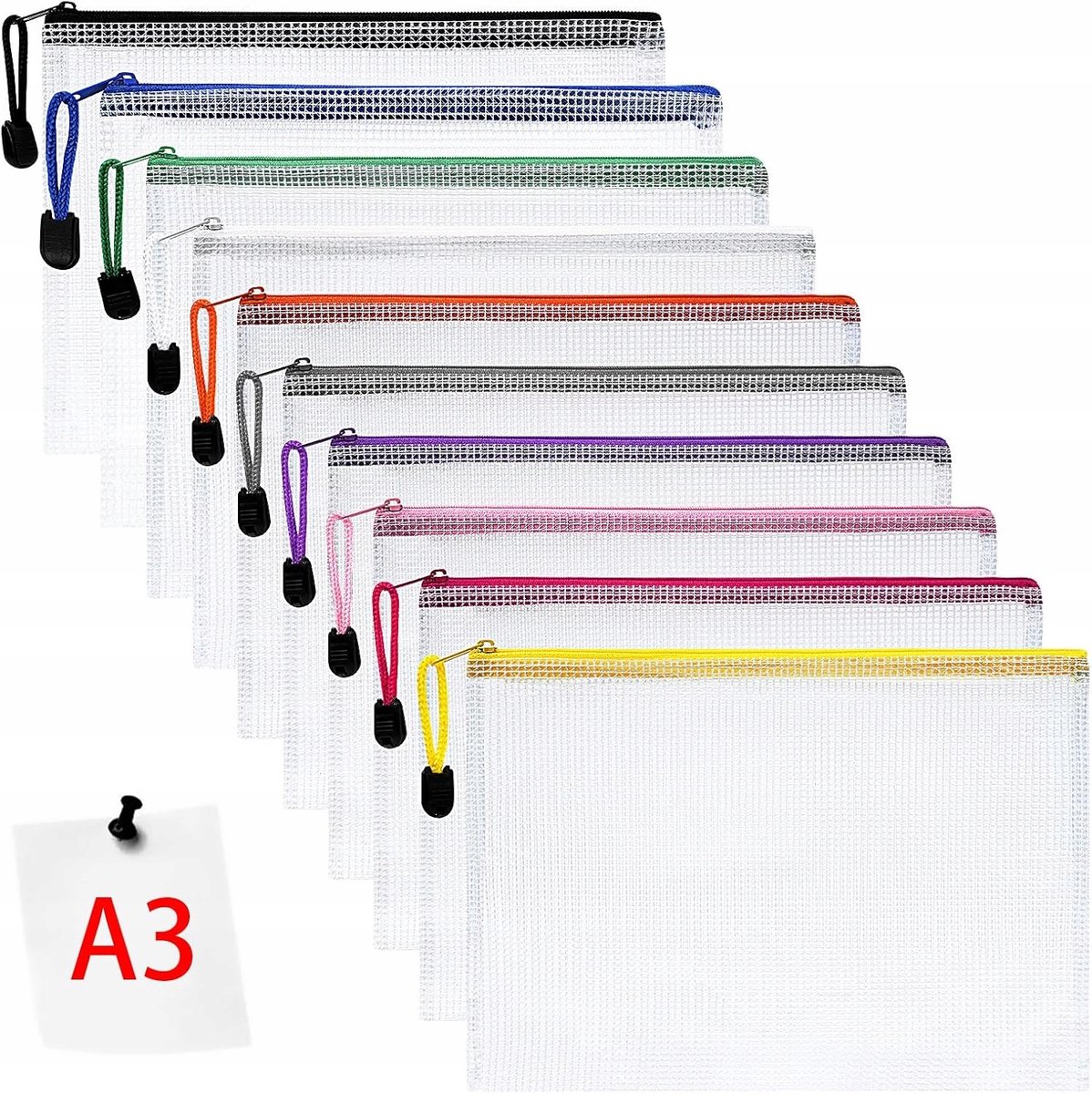Set van 10 A3 Plastic Tassen met Rits - Diverse Kleuren