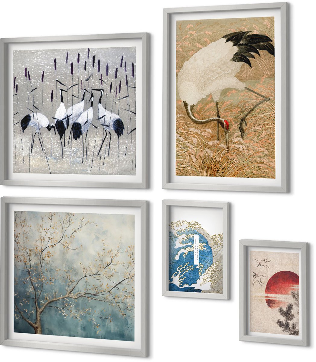 Coloray 5-Delige Schilderij Set - Illustraties Van Japanse Kraanvogels Japandi Landschap - 20 x 30 cm - Wanddecoratie - Schilderijen Set - Interieur - Moderne Wanddecoratie