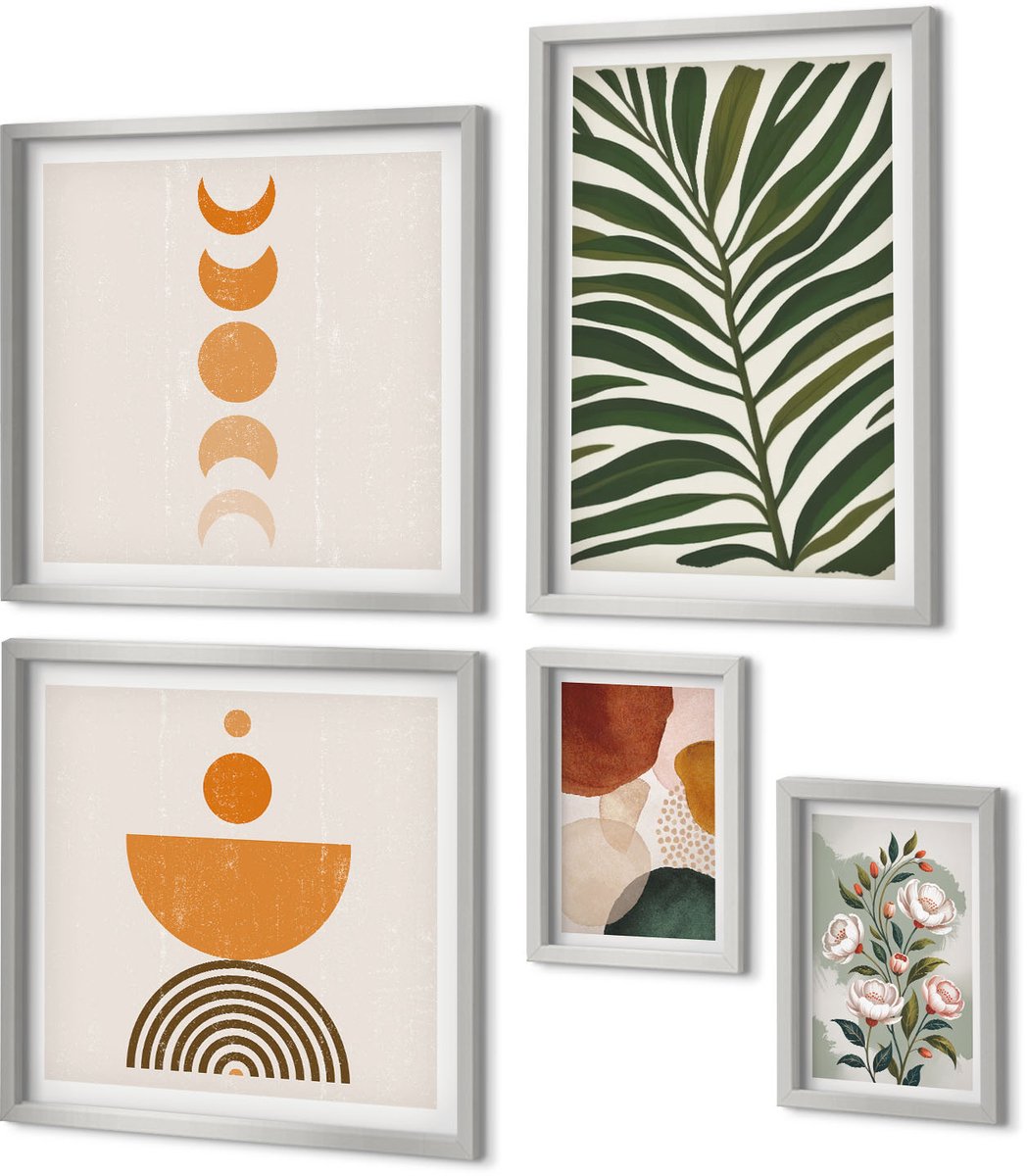 Coloray 5-Delige Schilderij Set - Posters Met Bloemen, Lijnen En Abstracte Vormen - 20 x 30 cm - Moderne Wanddecoratie - Slaapkamer - Decoratieve Schilderijen