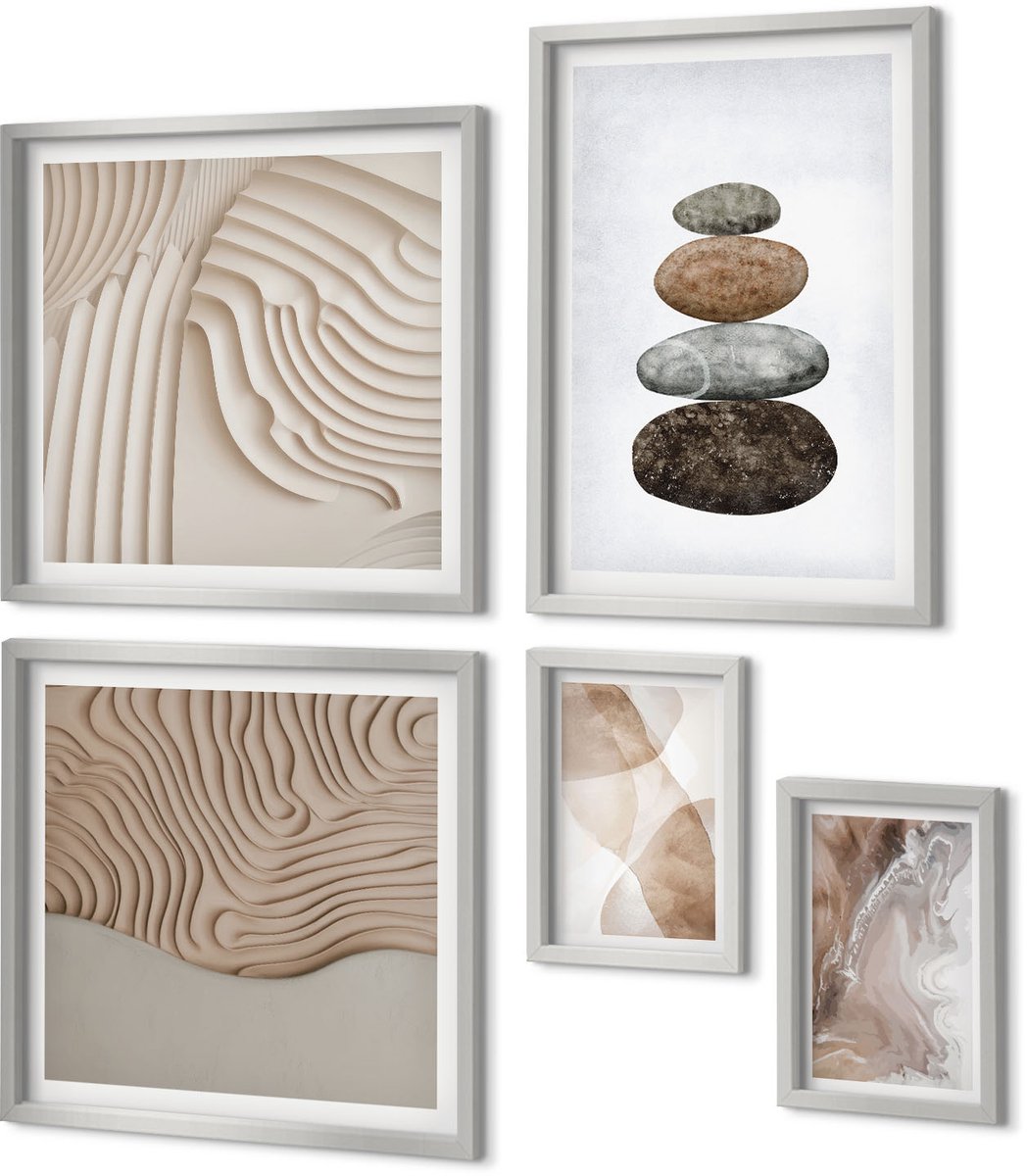 Coloray 5-Delige Schilderij Set - Minimalistische Zandlijnen, Golven En Zon - 20 x 30 cm - Wanddecoratie - Muurdecoratie - Woonkamer - Woonkamer Decoratie