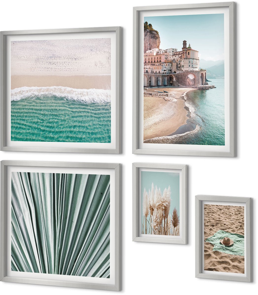 Coloray 5-Delige Schilderij Set - Groene Bladeren Van Tropische Planten Met Decoratieve Inscriptie - 20 x 30 cm - Moderne Wanddecoratie - Slaapkamer - Interieur Decoratie