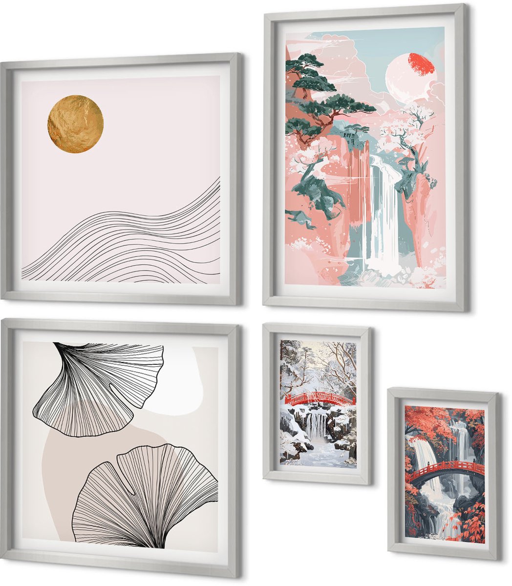 Coloray 5-Delige Schilderij Set - Uitzicht Op Zee Met Boten En Witte Huizen In Griekenland - 20 x 30 cm - Muurdecoratie - Schilderijen Set - Woonkamer - Woonkamer Decoratie