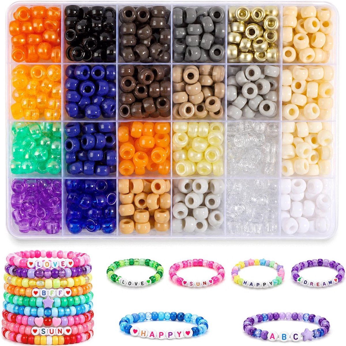 Ponykralen, 720 stuks, 24 kleuren, ponykralen met opbergdoos, 6 x 9 mm, kralen met groot gat om te rijgen, armbanden zelf maken, kralenset, doe-het-zelf sieraden, knutselen, cadeau (kleurrijk)