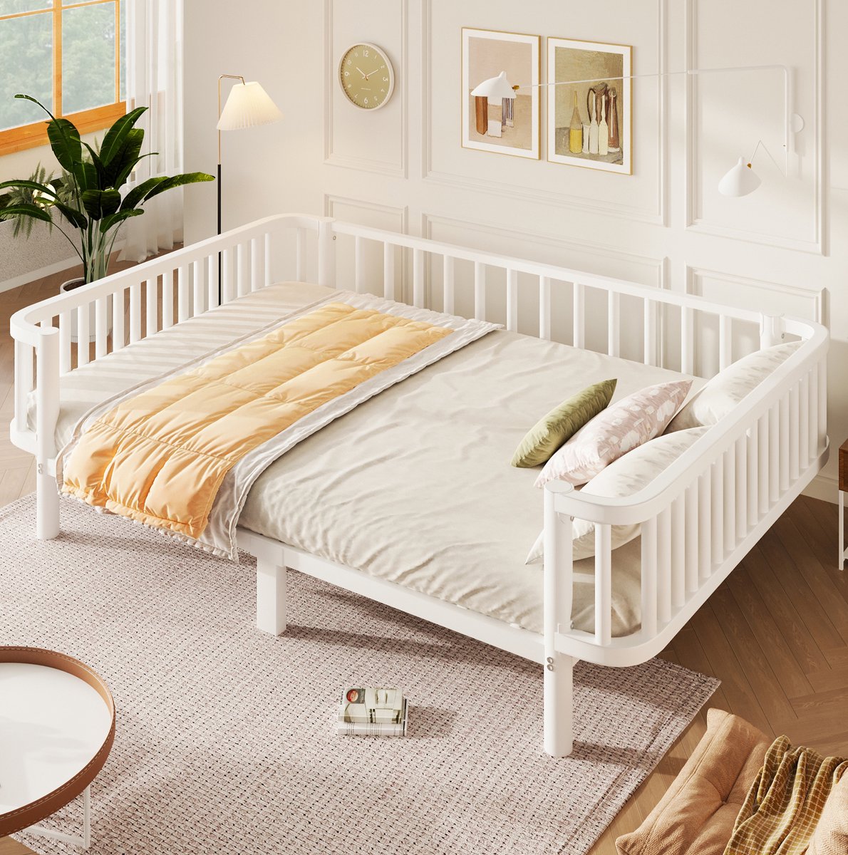 FloraGrace Slaapbank 140x200cm - Dagbed Met Stalen Lattenbodem - Ruimtebesparend Bedframe - Tweepersoons - Metaal - Wit - Zonder Matras