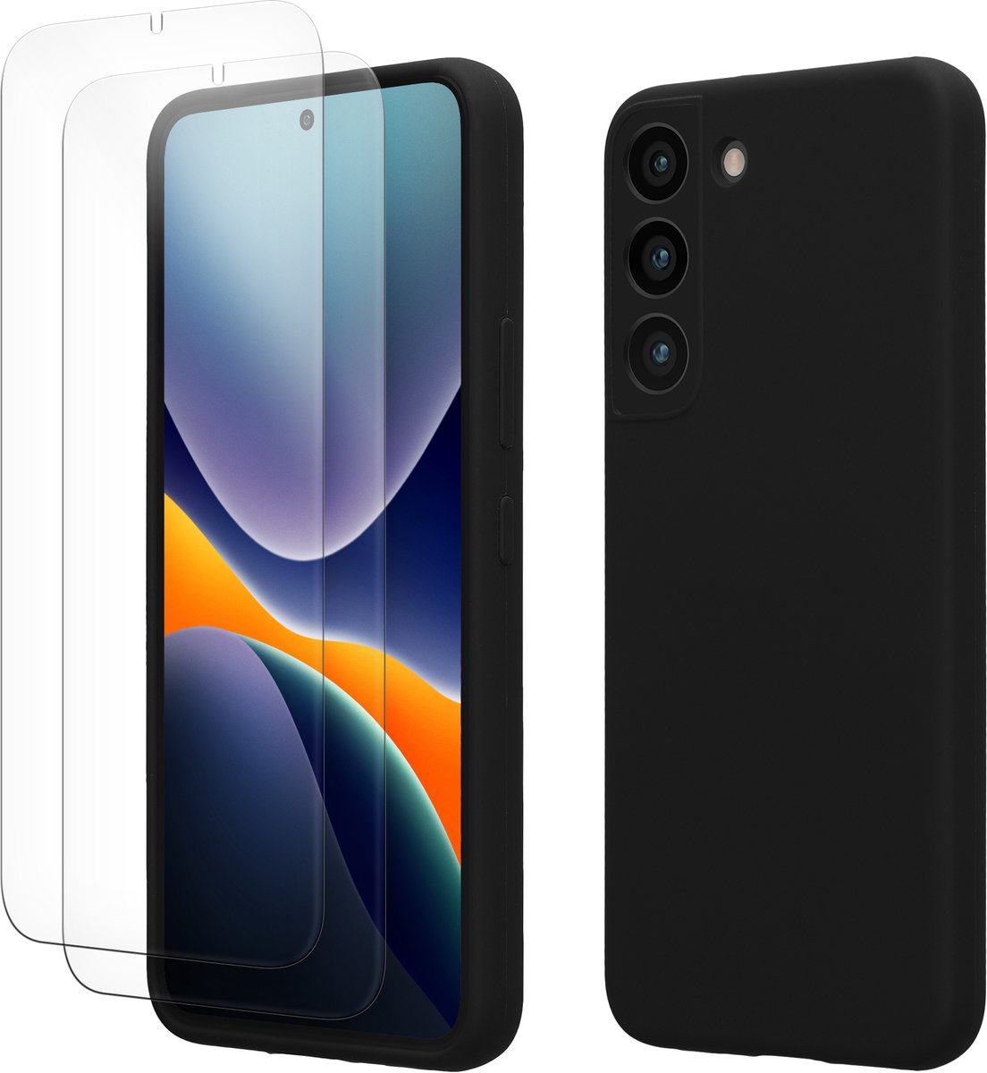 kwmobile hoes met 2x screenprotectors voor Samsung Galaxy S22 – screenprotector van gehard glas – draadloos opladen – zwart