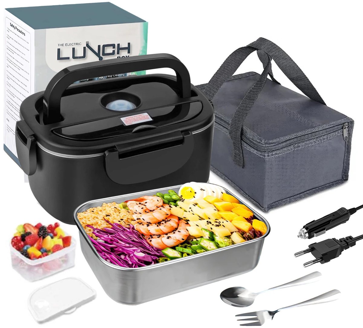 ITRONIQ Elektrische Lunchbox 1,5 Liter - Verwarmde Lunch Box 60W - Voor Auto, Vrachtwagen en Kantoor - 12V 24V 220V - Zwart