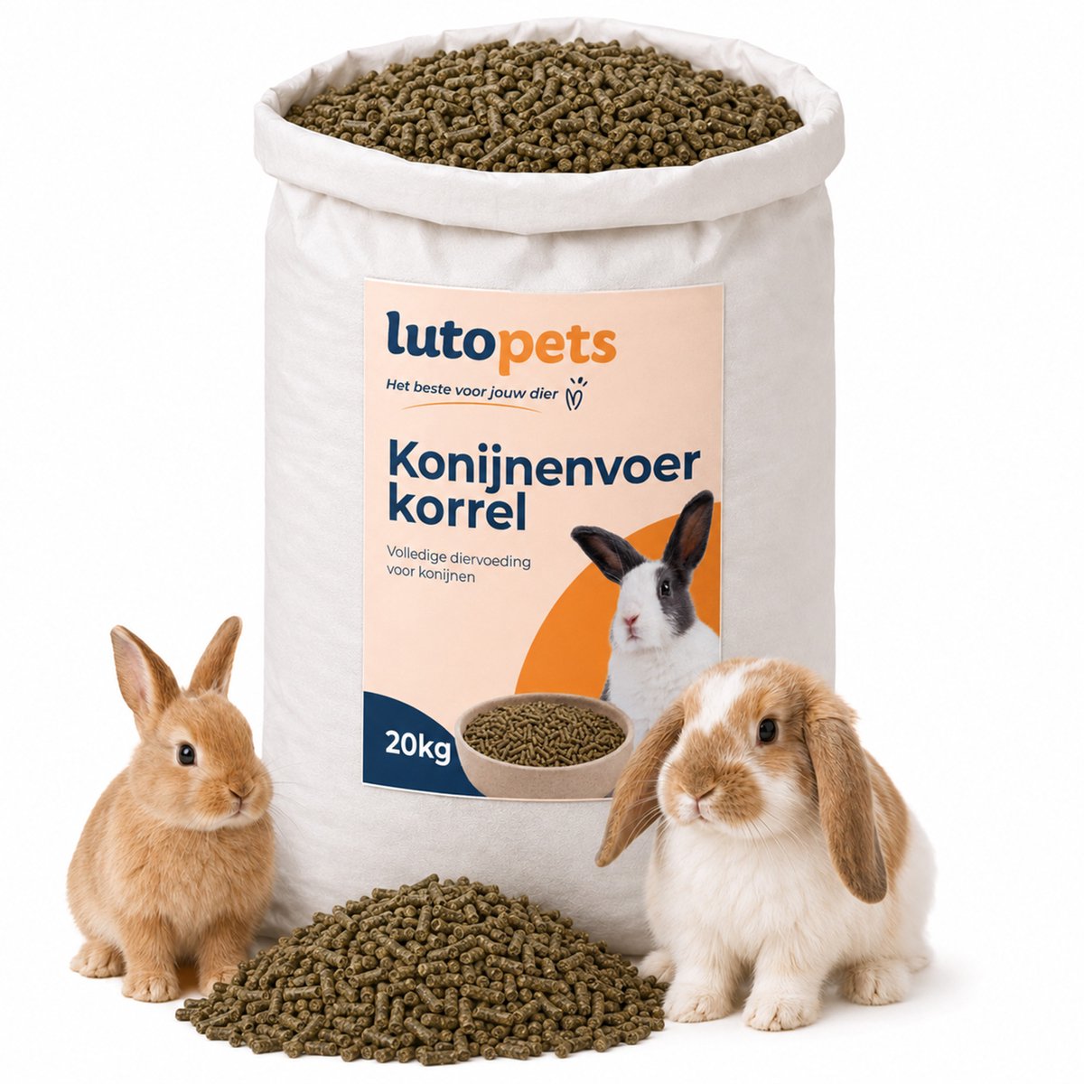 LutoPets Konijnenvoer 20 kg – Konijnenkorrels / Konijnenbrokken / Pellets – Complete Diervoeding voor Konijnen & Dwergkonijnen – Vezelrijk met Luzerne – Voordeelverpakking