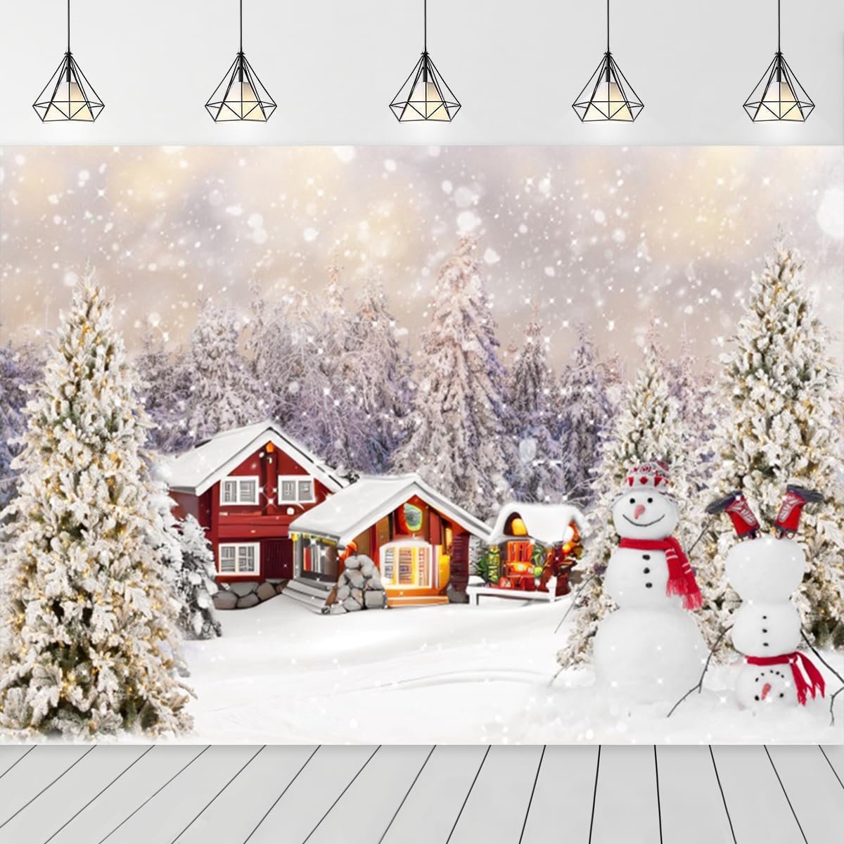 10x24cm White Red Christmas Background Winter Snow Forest Snowman Christmas Tree Scene Wonderland Photography - ShopVlot