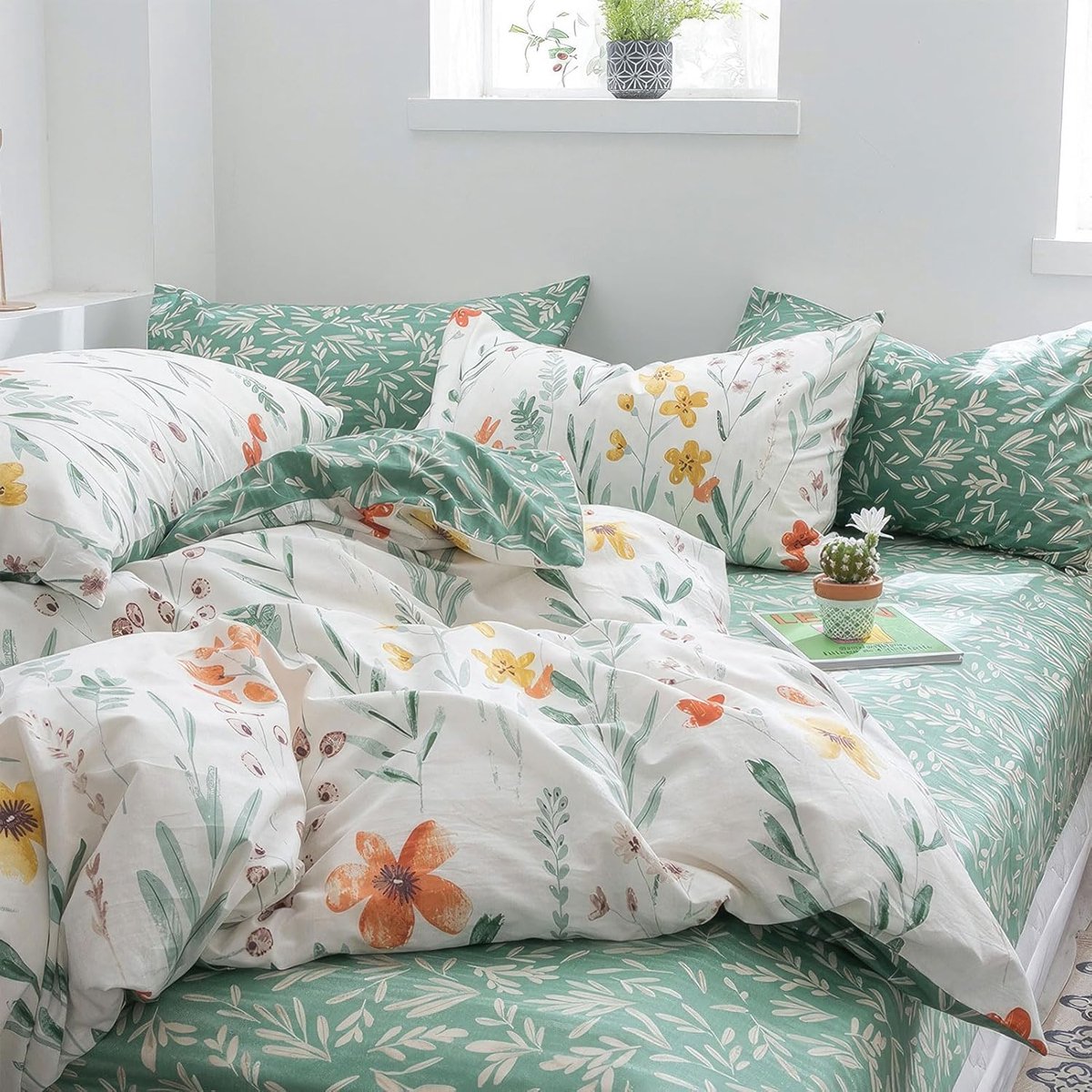 KEAYOO Bed Linen with Zip, 80 x 80 cm, Flower Pillowcase Green, White, Cute Cotton, for Summer to Winter, 155 x 220 - ShopVlot