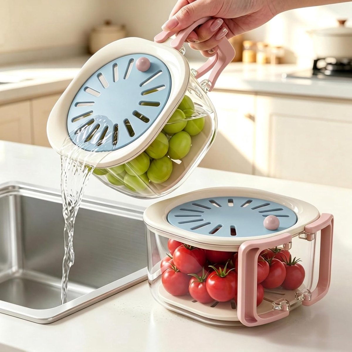 2-in-1 fruitwaskom, 2 stuks bessen-fruitwaskom met lekbak en deksel, groentewaskom met inklapbare handgreep - ShopVlot