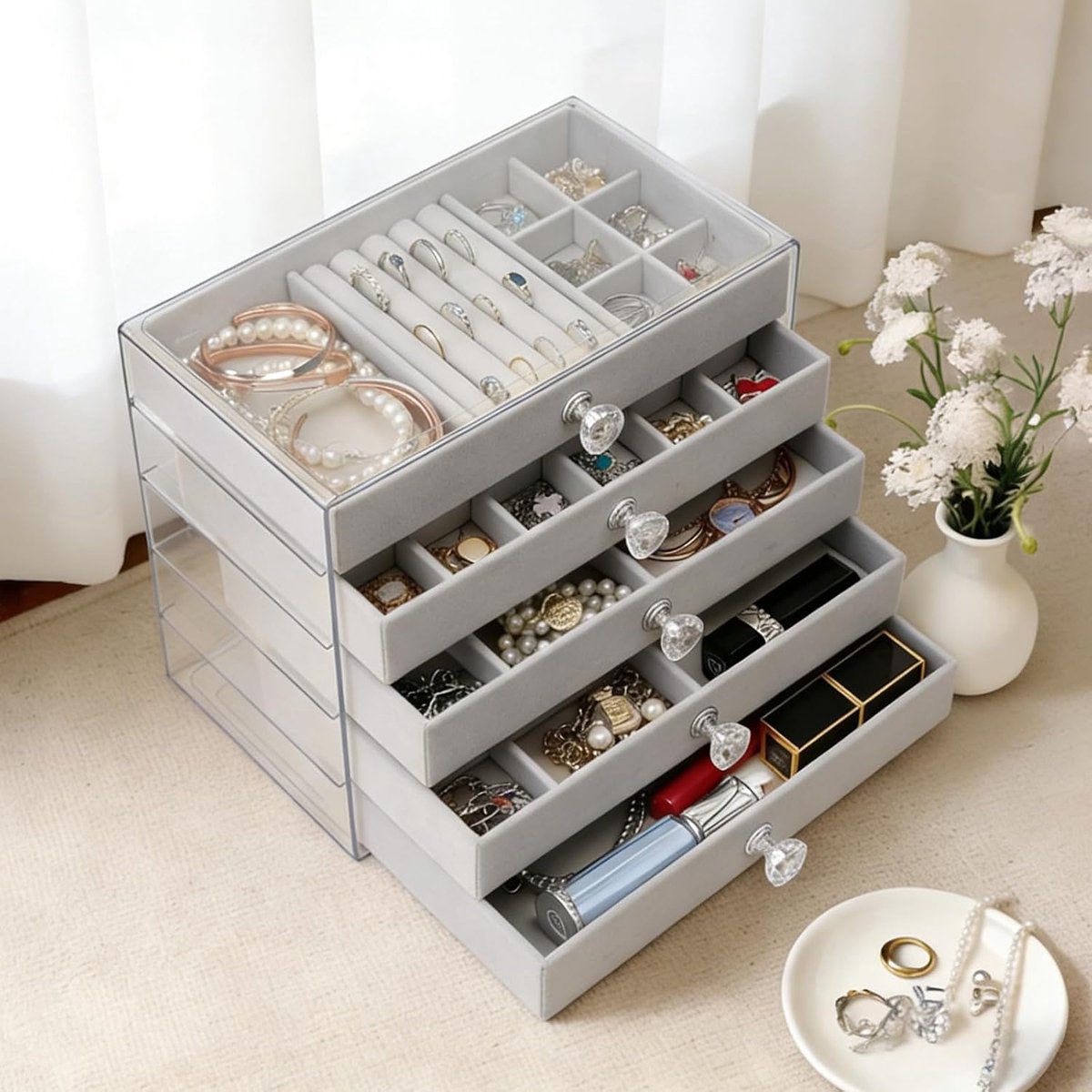 5 Tier Jewellery Box for Women Bedroom Jewellery Holder with Transparent Acrylic Bowl Jewelry Holder Bedside Jewellery - ShopVlot