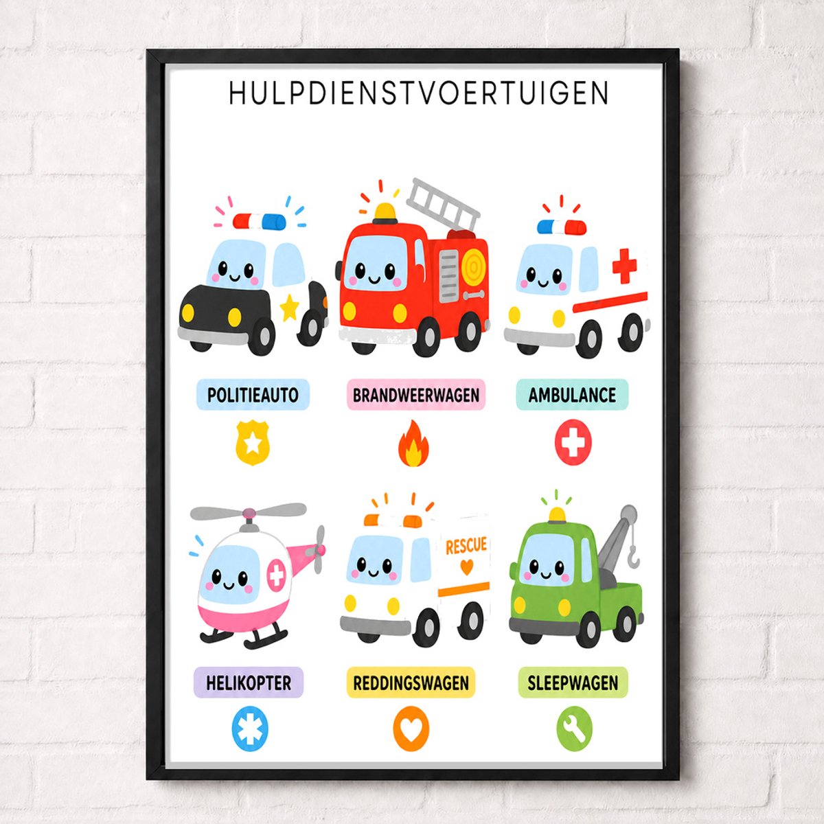 Hulpdienstvoertuigen Educatieve Poster voor Kinderen - Leren - groep 1 t/m 6 (4-10 jaar) - A1+ 61 x 91,5 cm