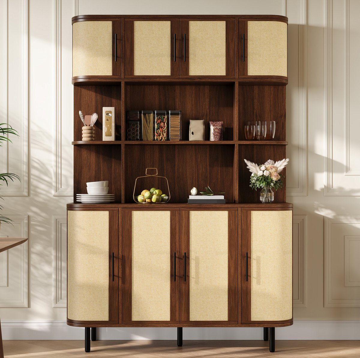 MIVRAY Dressoir - Hoge Kast Met Vlechtfront En 8 Deuren - Moderne Opbergruimte Voor Woonkamer En Hal - MDF - 120x20x180 Cm - Walnoot