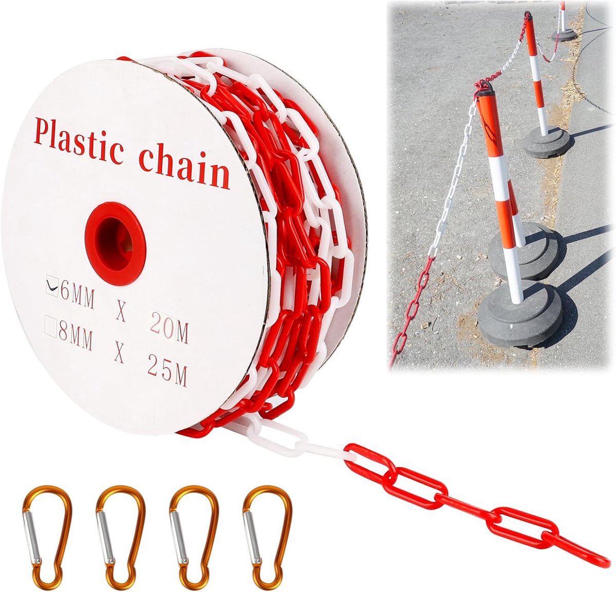 Plastic chain, red and white, signal chain made of plastic, 20 m x 6 mm, safety chain with 4 aluminium alloy clasps - ShopVlot