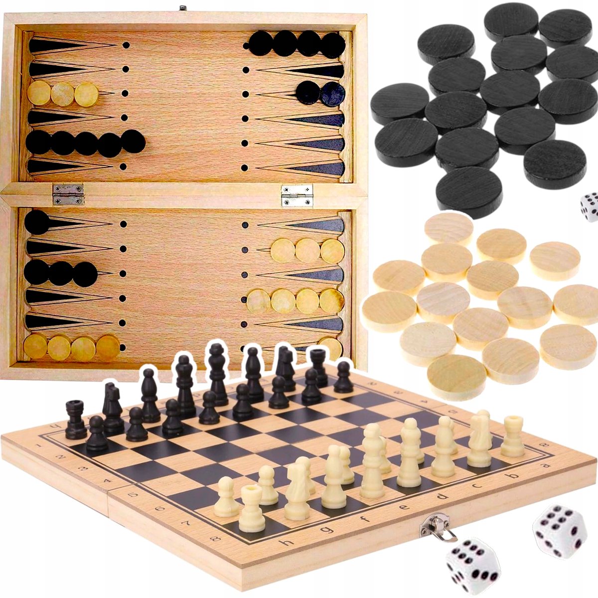 Merkloos Houten 3-in-1 spel: Schaken, Dammen & Backgammon
