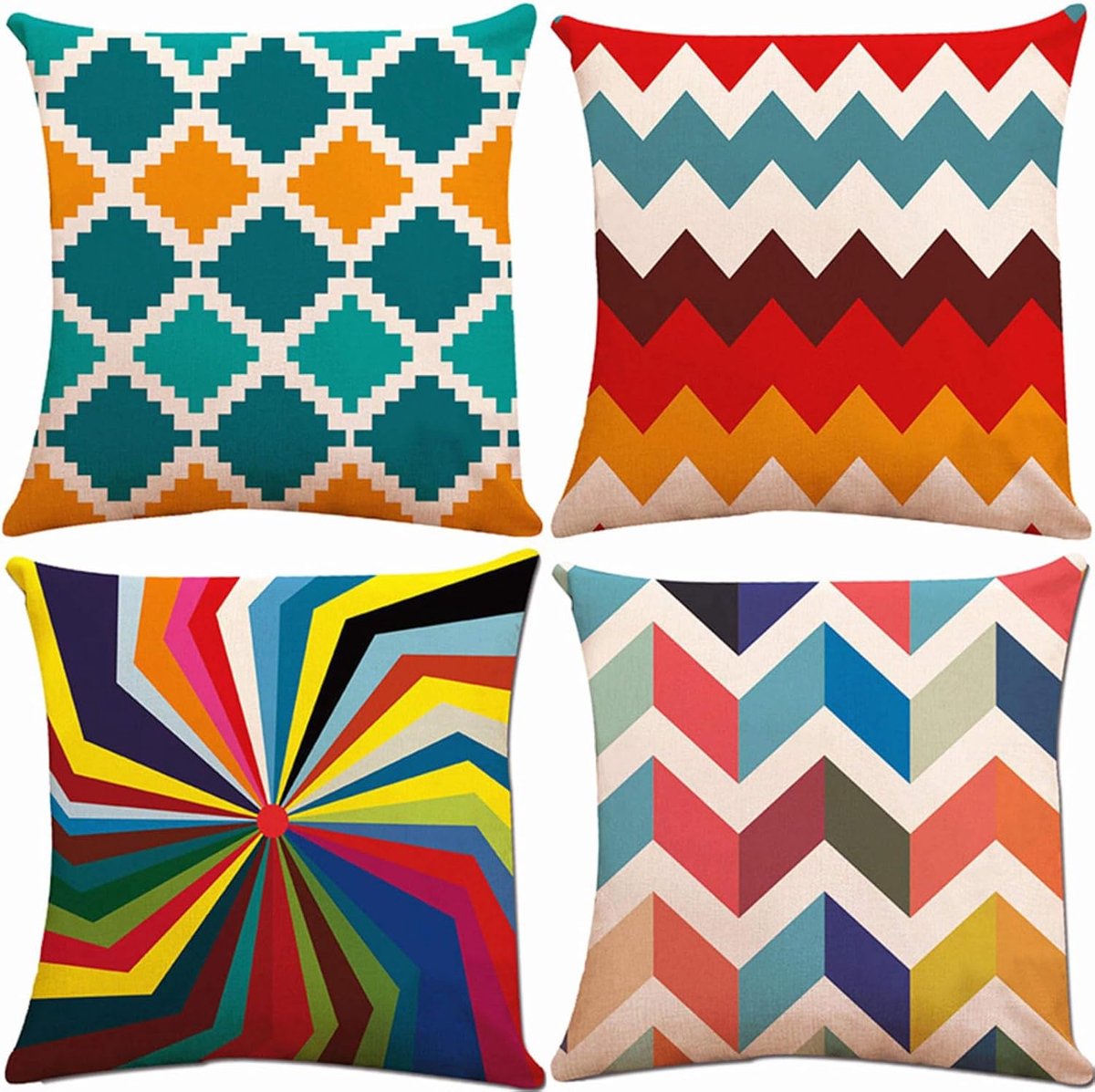Kussenslopen 45 x 45 cm, set van 4, kleurrijke abstracte geometrische kussenhoezen, linnen, decoratieve, vierkante - ShopVlot