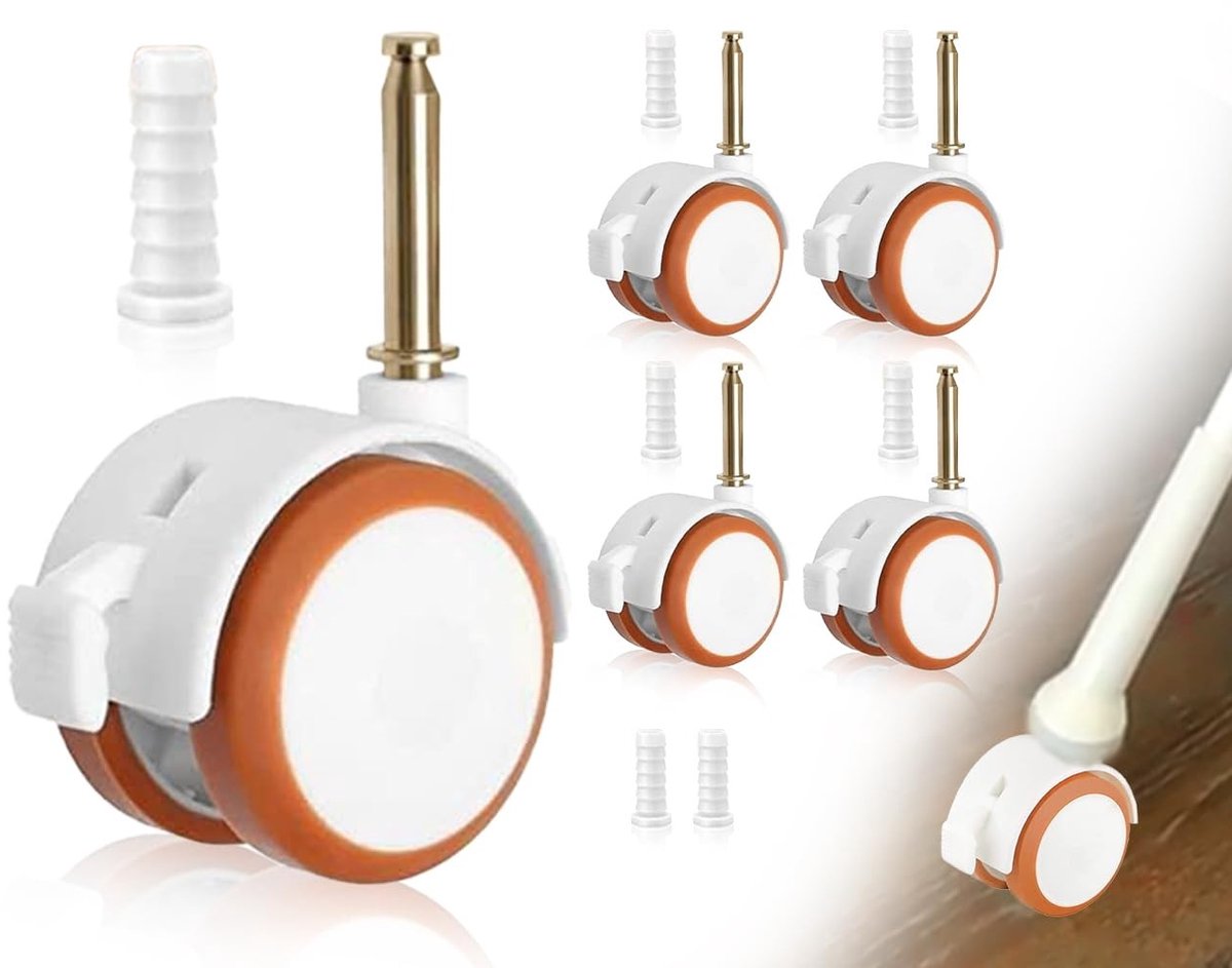 Zwenkwielen voor Kindermeubels - Wit - 10,5 mm Huls - Stille Rubber Wielen met Rem - Voor Kleine Meubels