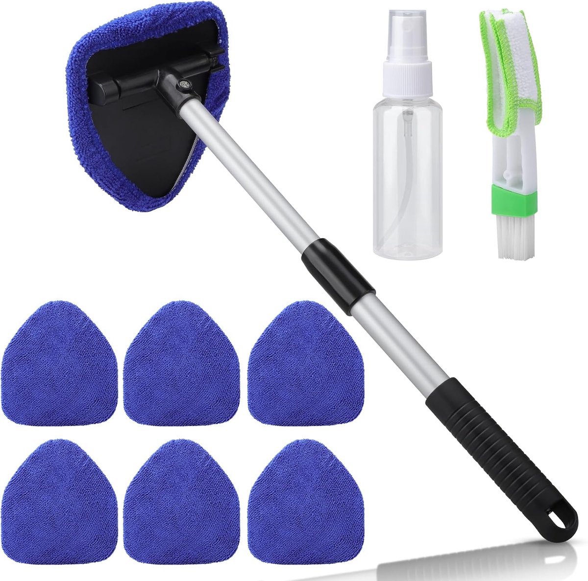 Car Window Cleaner with 6 Microfibre Pads and Spray Bottles, Indoor Windscreen Cleaner with Extendable Handle, 180° - ShopVlot