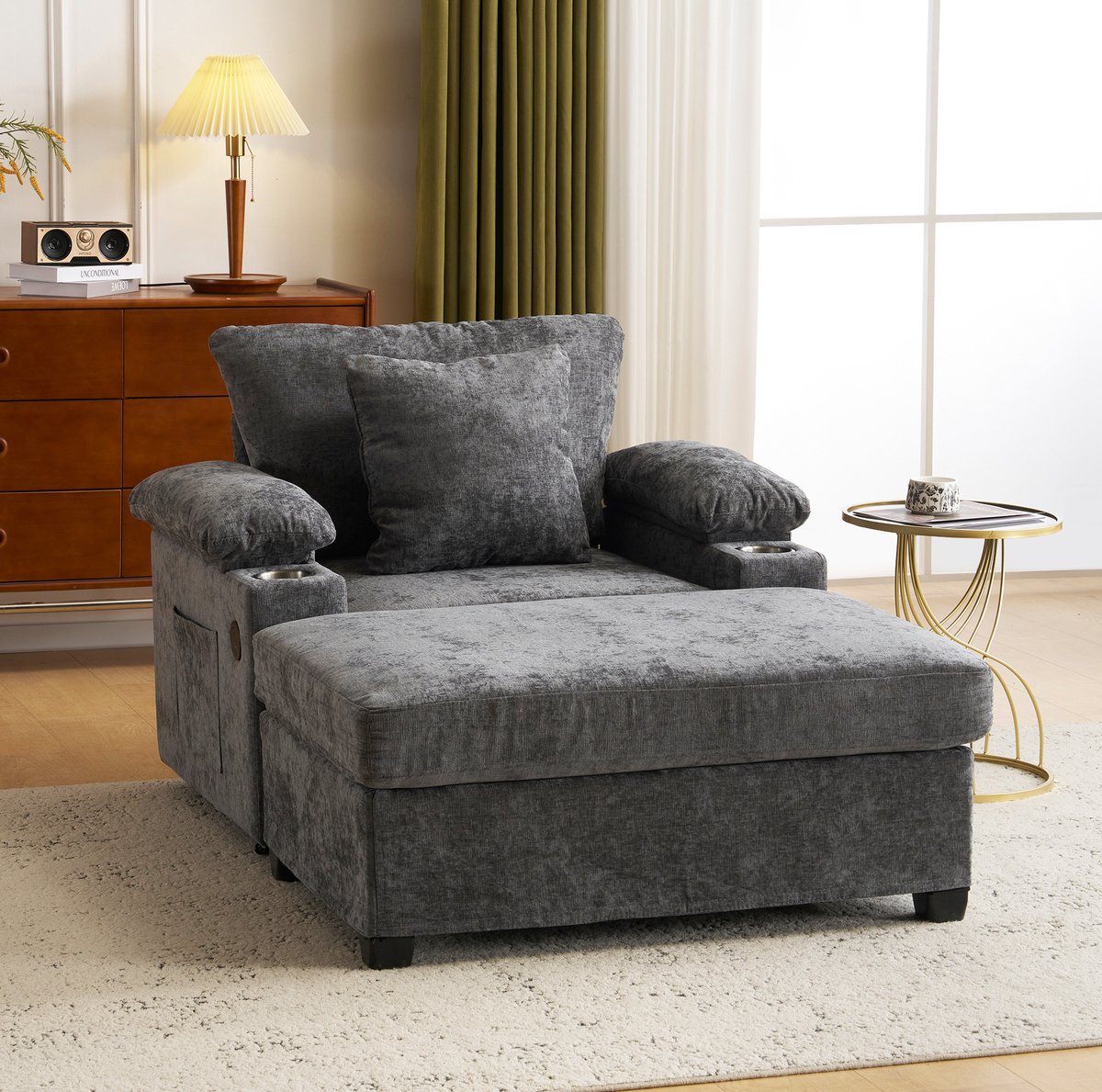 DESMIU Chaise Longue 1-Zits - Verstelbare Voetensteun Met Bekerhouder En Usb Oplaadfunctie - Voor Woonkamer En Kantoor - Stof - Donkergrijs