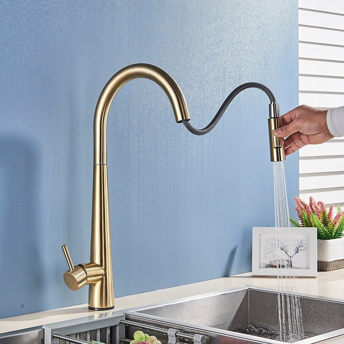 Gouden Keukenmengkraan met Uittrekbare Uitloop - 48 cm Hoog