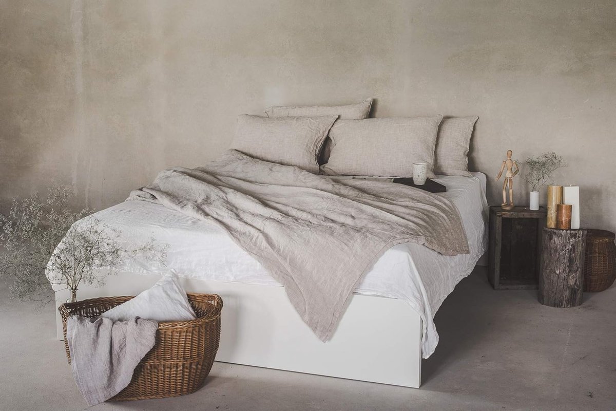 Linen bedding set 100% natural linen stonewashed, natural fibre linen, with hotel closure (Natural colour, 155 x 220 - ShopVlot