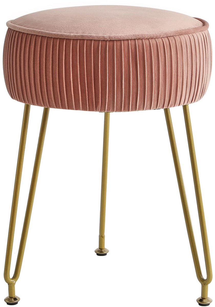Famanu – Fluwelen ronde voetensteun kruk, make-up bijzettafel, poef met gouden stalen poten, roze