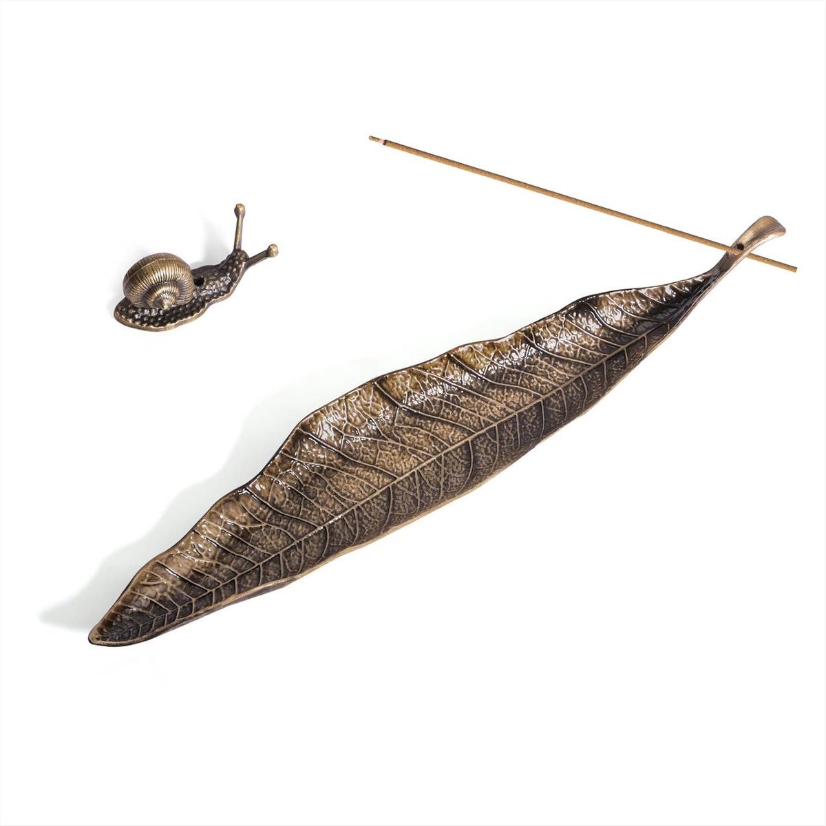 Wierookstokjeshouder, 21 cm, metalen bladeren, ascatcher met slak, bronzy wierookstokjes, houder voor wierookkegel - ShopVlot