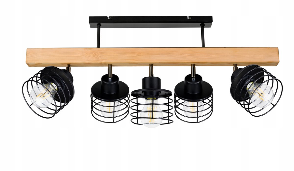 Houten balk hanglamp zwart metaal 5x E27 fitting, loft stijl