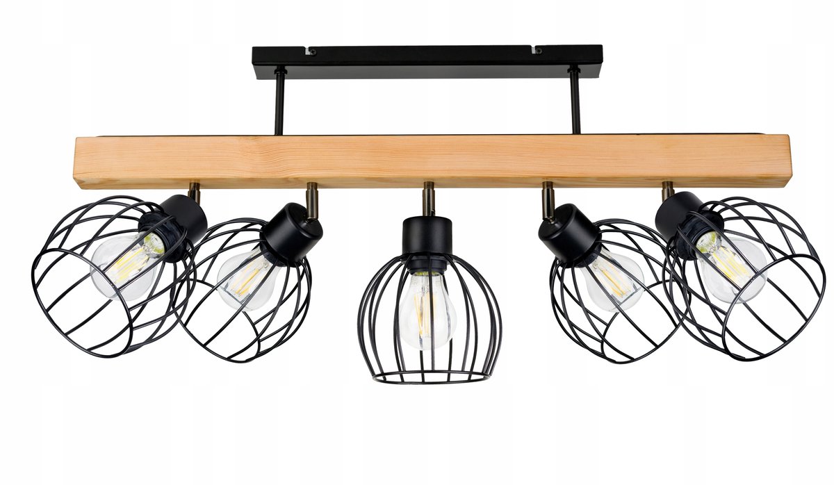 Houten balk hanglamp zwart metaal 5x E27 fitting, loft stijl