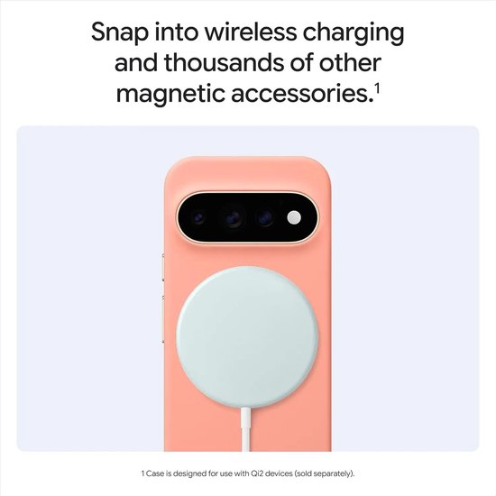 Een roze Google Pixel telefoonhoesje met een ronde witte draadloze oplader die magnetisch is bevestigd.