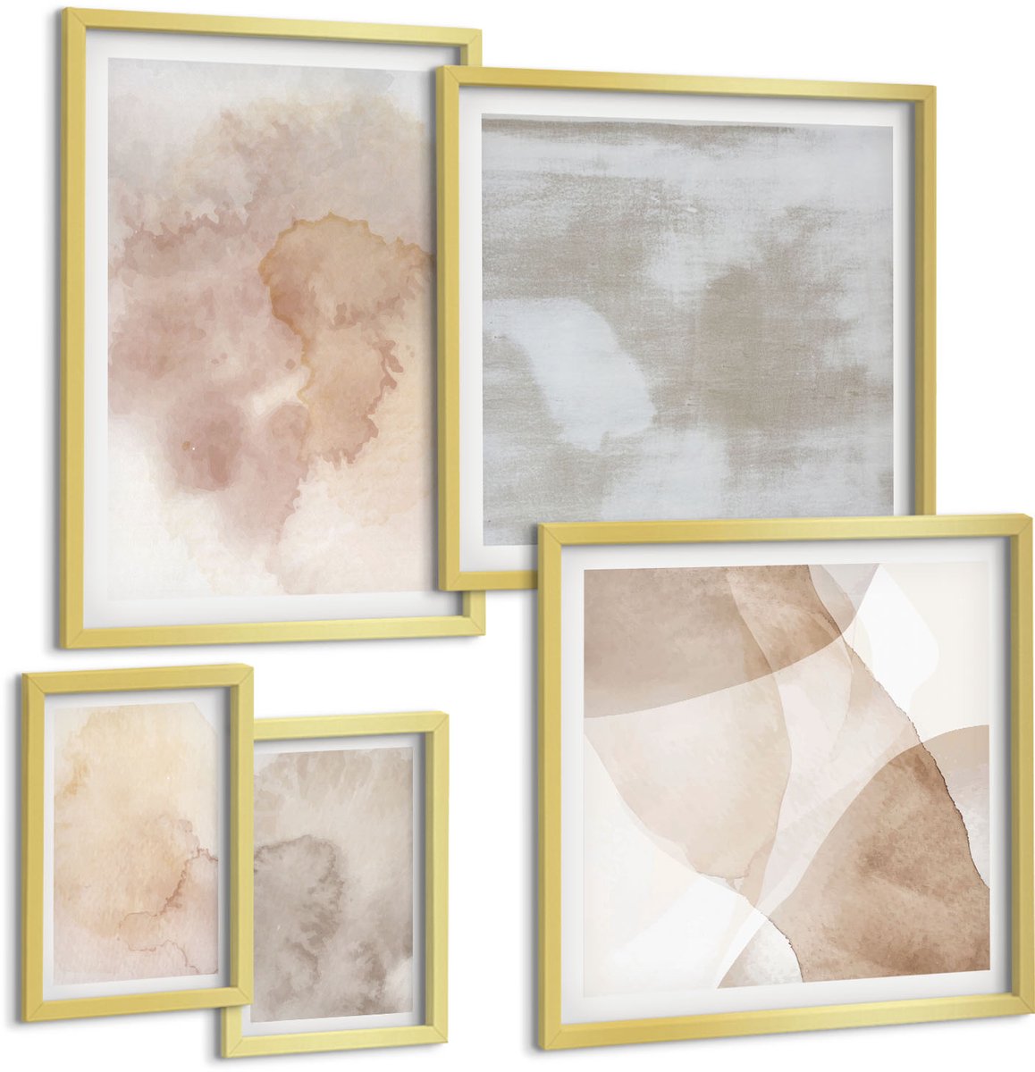 TULUP 5-Delige Schilderij Set - Warme aquarelverf op canvas, pasteltexturen - 50 x 50 cm, 20 x 30 cm en 40 x 60 cm - Stijlvolle Muurdecoratie - Slaapkamer - Wanddecoratie Gouden lijst