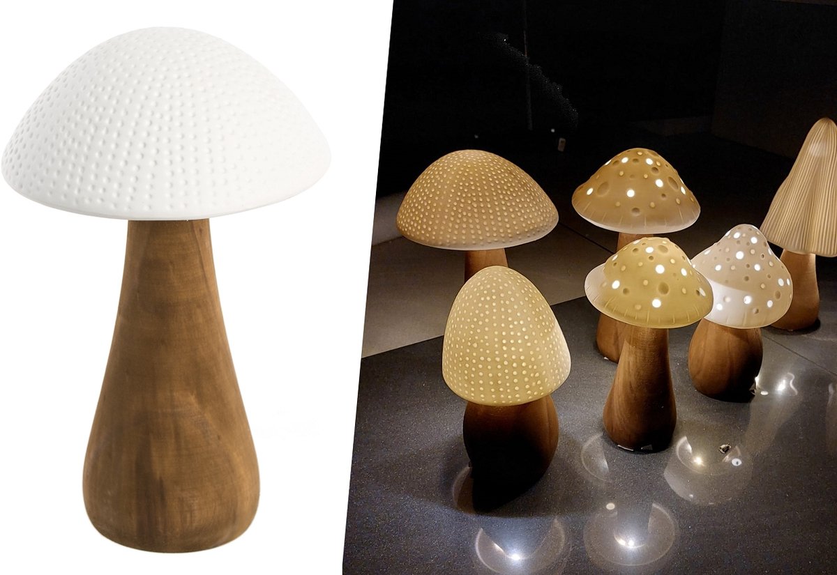 Decoratieve Keramische Paddestoel met LED-verlichting op Houten Voet