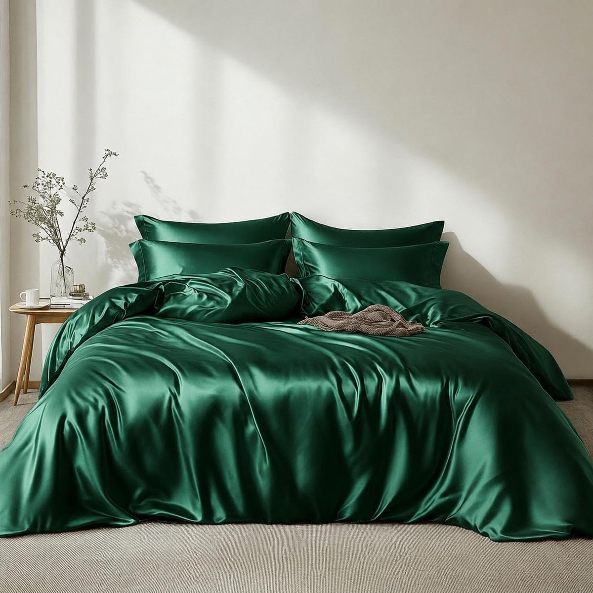 Dekbedovertrek 200x200cm - donkergroen satijnzijde - luxe 3-delig met ritssluiting - stijlvol en comfortabel - ShopVlot