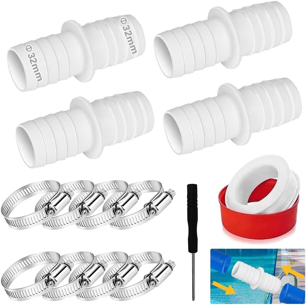 Hose connector 32mm - 4 stuks met slangklemmen en schroevendraaier - ideaal voor zwembadslang - ShopVlot