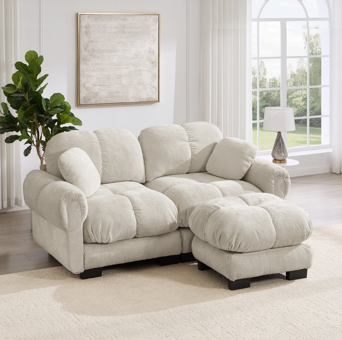 MODENUIT Hoekbank 2-Zits 190 Cm - Modulair Met Verplaatsbare Ottomane - Voor Woonkamer - Chenille - Licht Khaki