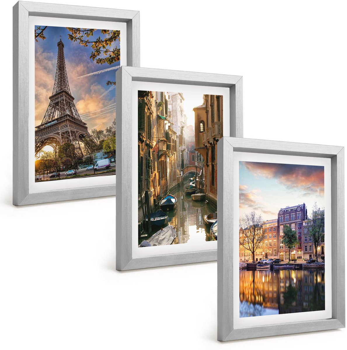 Tulup 4-Delige Schilderij Set - De Eiffeltoren, de grachten van Venetië en de straten van Amsterdam. - 20 x 30 cm - Stijlvolle Muurdecoratie - Kantoor - Woonkamer Decoratie