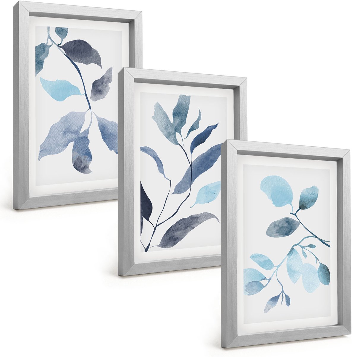 Tulup 4-Delige Schilderij Set - Blauwe bladeren op een lichte achtergrond in aquarelstijl - 20 x 30 cm - Stijlvolle Wanddecoratie - Interieur - Muurdecoratie