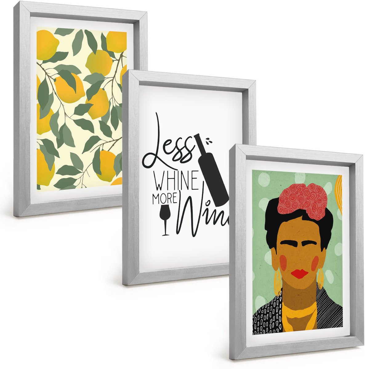 Tulup 4-Delige Schilderij Set - Citroenen Wijnfles Portret van Frida Kahlo - 20 x 30 cm - Stijlvolle Muurdecoratie - Slaapkamer - Wanddecoratie