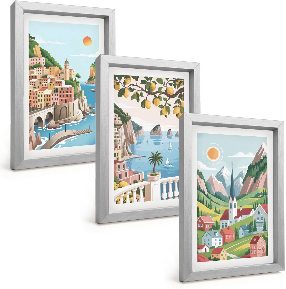 Tulup 4-Delige Schilderij Set - Schilderachtige landschappen met zee en citrusvruchten - 20 x 30 cm - Decoratieve Schilderijen - Woonkamer - Interieur - Woonkamer Decoratie