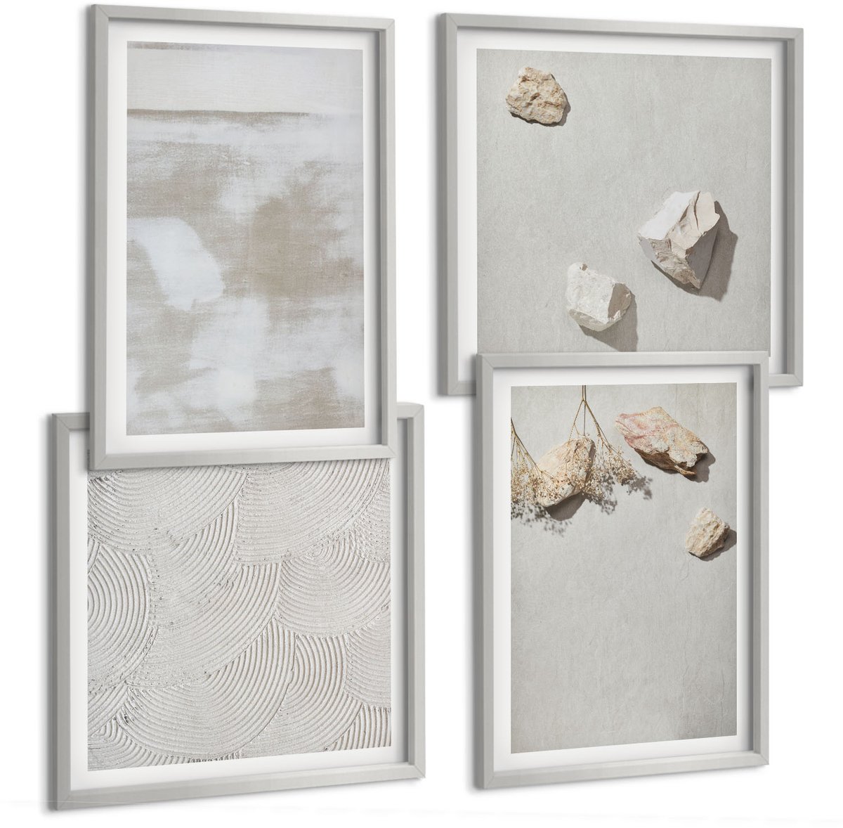 TULUP 4-Delige Schilderij Set - Zandstenen en een verweerde textuur in boho-stijl - 40 x 40 cm en 40 x 60 cm - Stijlvolle Muurdecoratie - Kantoor - Moderne Wanddecoratie Zilveren lijst