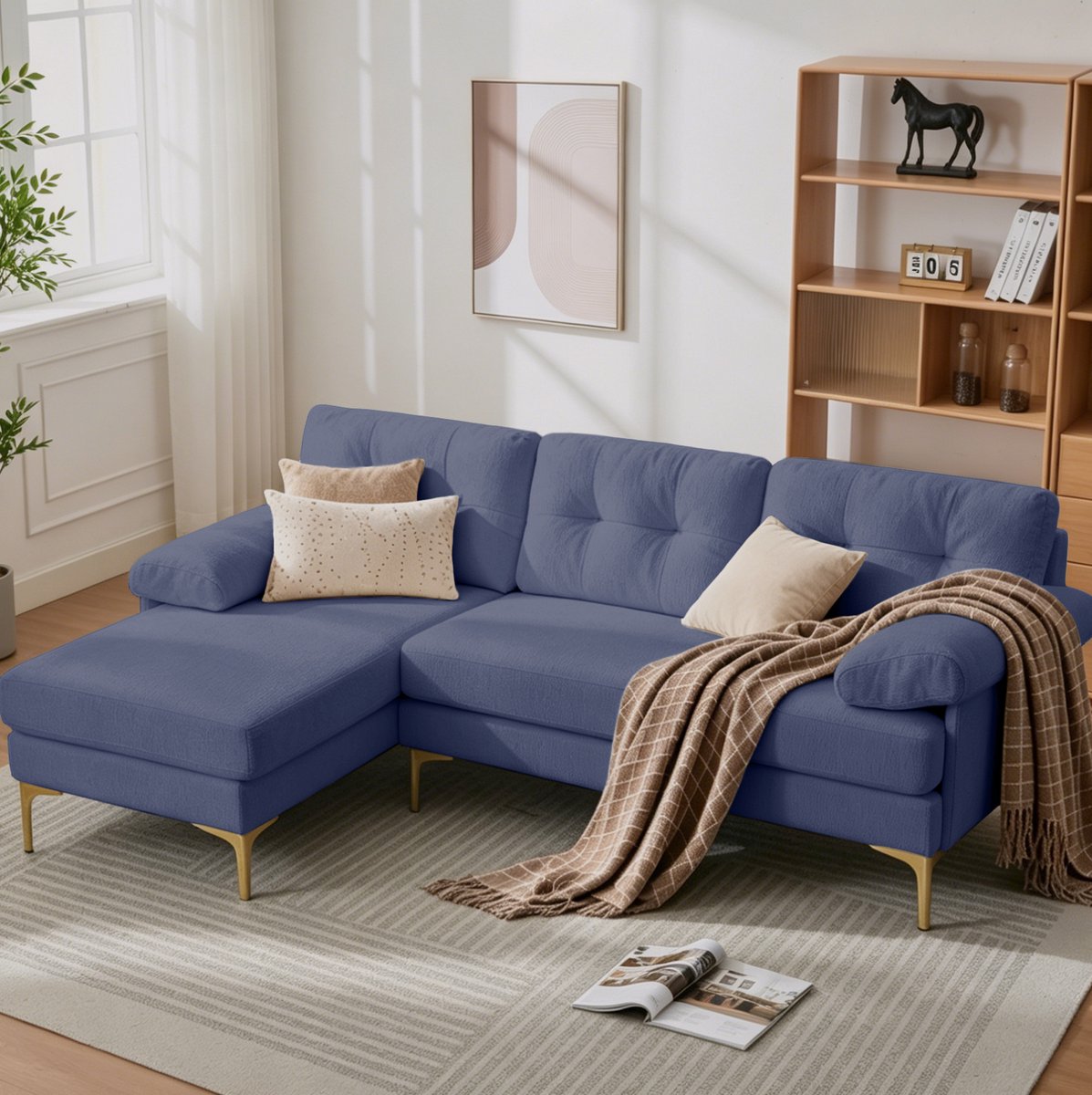 MODENUIT Hoekbank 187,5 cm - Omkeerbare Chaise Longue - 3-Zits Voor Woonkamer - Chenille - Blauw