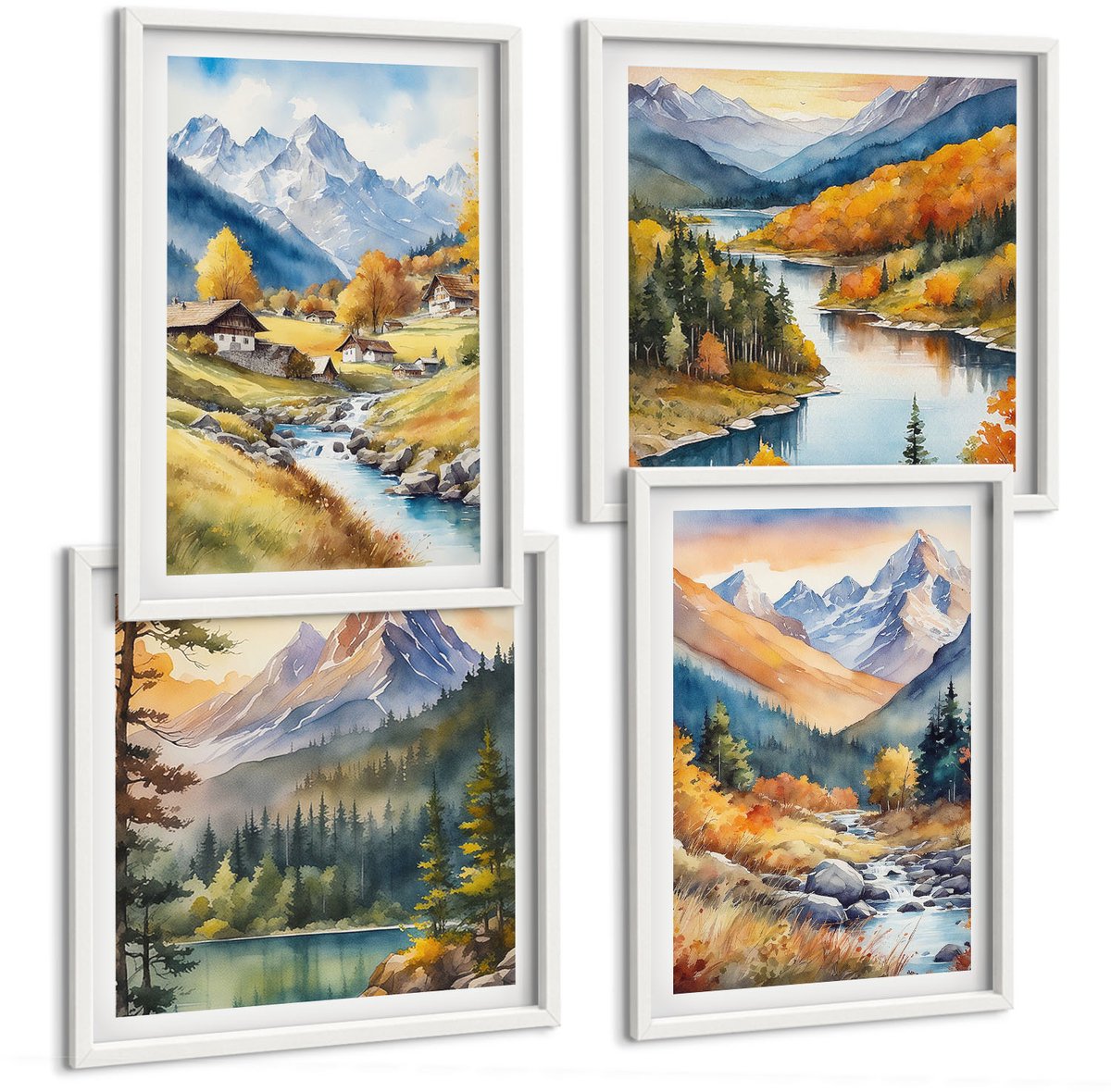 Tulup 4-Delige Schilderij Set - Berglandschap met een rivier en huisjes in herfstkleuren. - 40x40 en 40x60 - Wanddecoratie - Schilderijen Set - Interieur - Stijlvolle Muurdecoratie