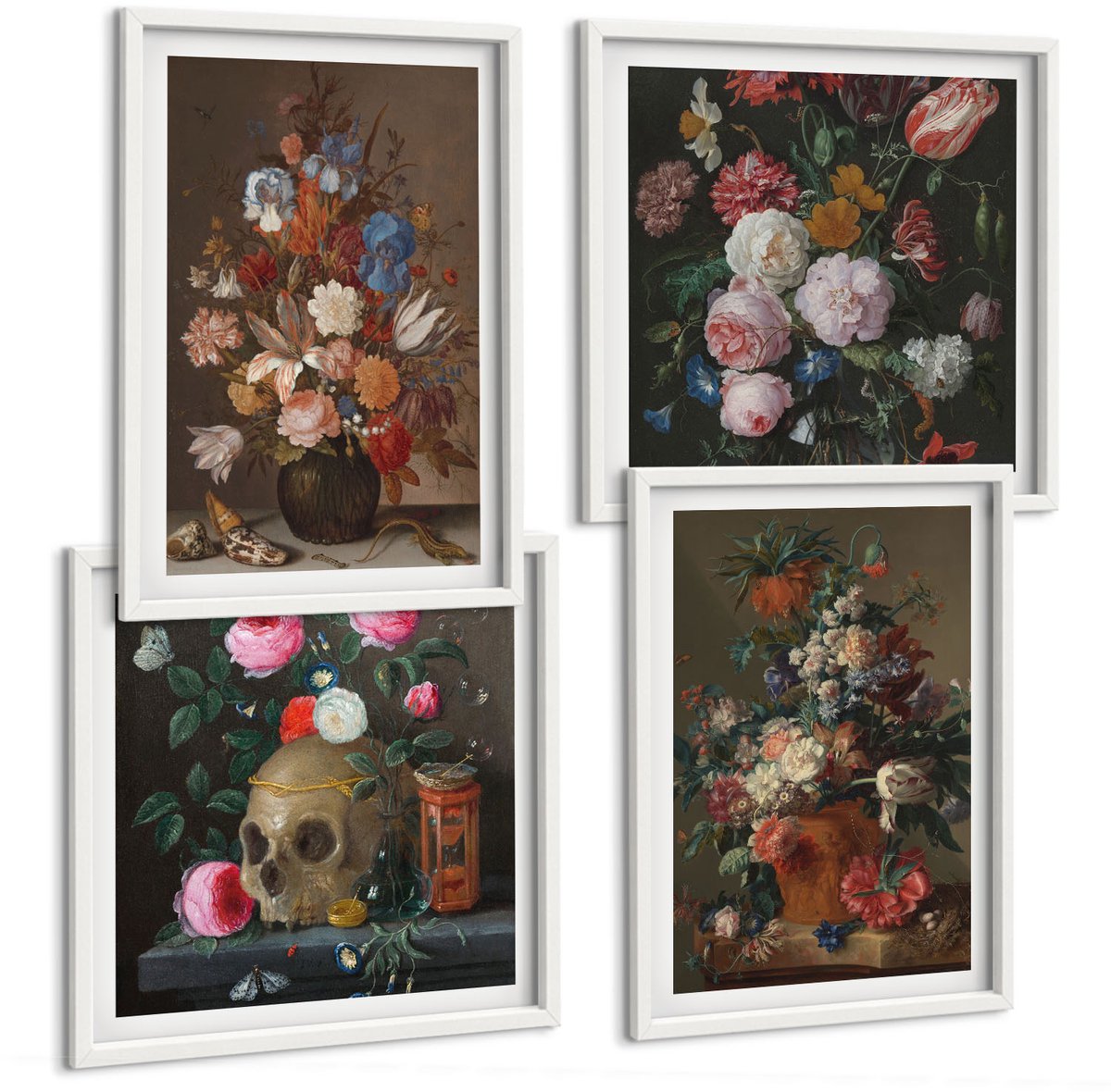 Tulup 4-Delige Schilderij Set - Bloemen in vazen: diverse vintage plantencomposities - 40x40 en 40x60 - Wanddecoratie - Schilderijen Set - Kantoor - Decoratieve Schilderijen