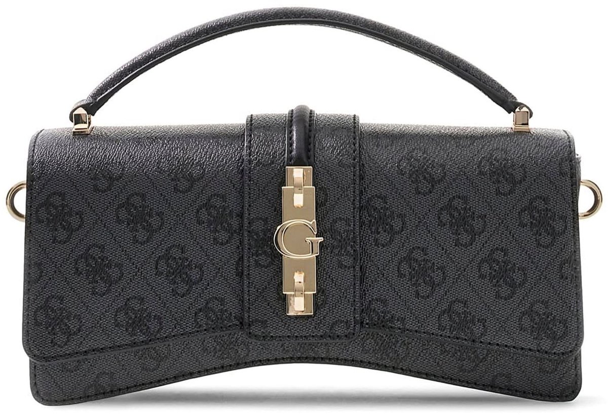 GUESS handtas schoudertas Yvonne Logo Mini Top Handle Flap Coal Logo donkergrijs