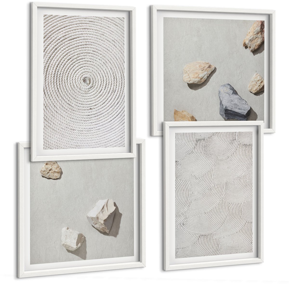 Tulup 4-Delige Schilderij Set - Geometrische patronen van karton en stenen op zand. - 40x40 en 40x60 - Wanddecoratie - Muurdecoratie - Woonkamer - Moderne Wanddecoratie