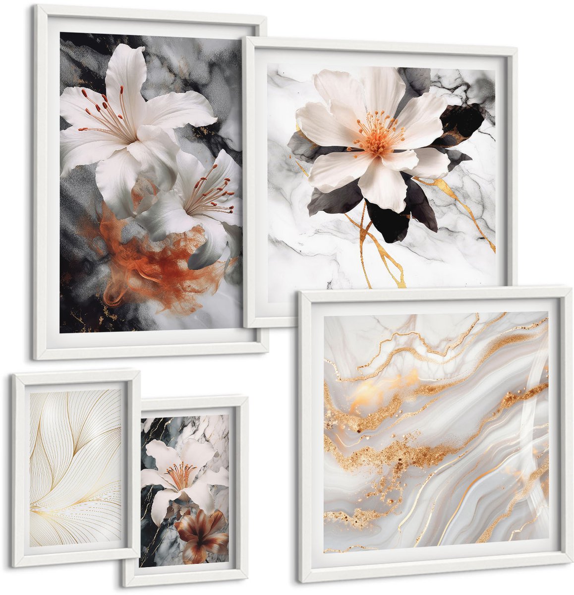 Tulup 4-Delige Schilderij Set - Bloemmotieven op een marmeren achtergrond in een elegante stijl. - 50 x 50 cm, 20 x 30 cm en 40 x 60 cm - Wanddecoratie - Muurdecoratie - Moderne Interieurdecoratie