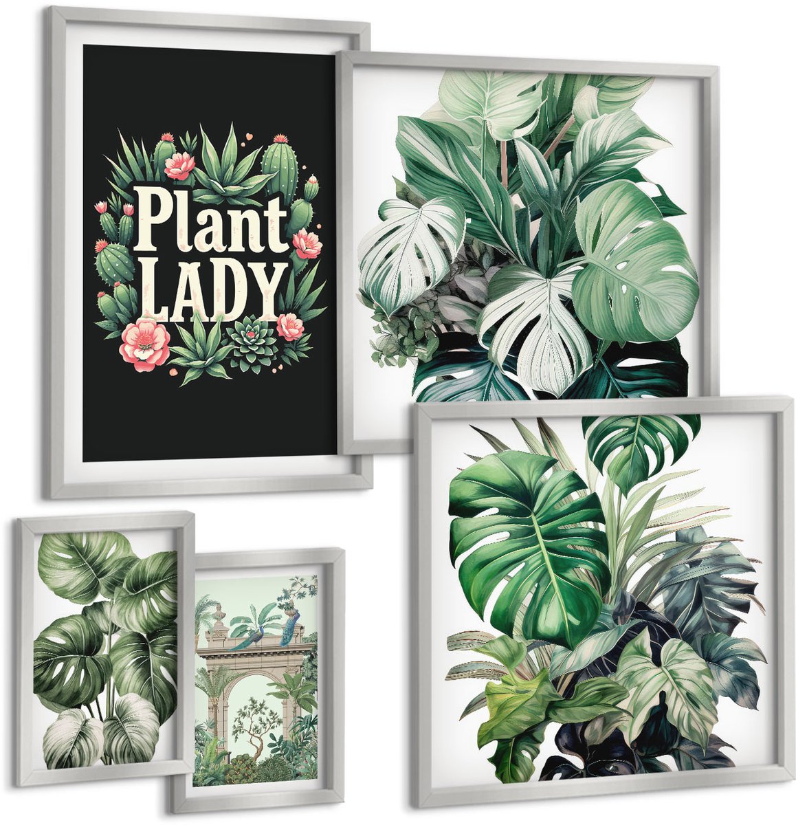 TULUP 4-Delige Schilderij Set - Bloemenaccenten in boho-stijl voor liefhebbers van groen. - 50 x 50 cm, 20 x 30 cm en 40 x 60 cm - Schilderijen Set - Wanddecoratie - Woonkamer - Interieur Decoratie Zilveren lijst