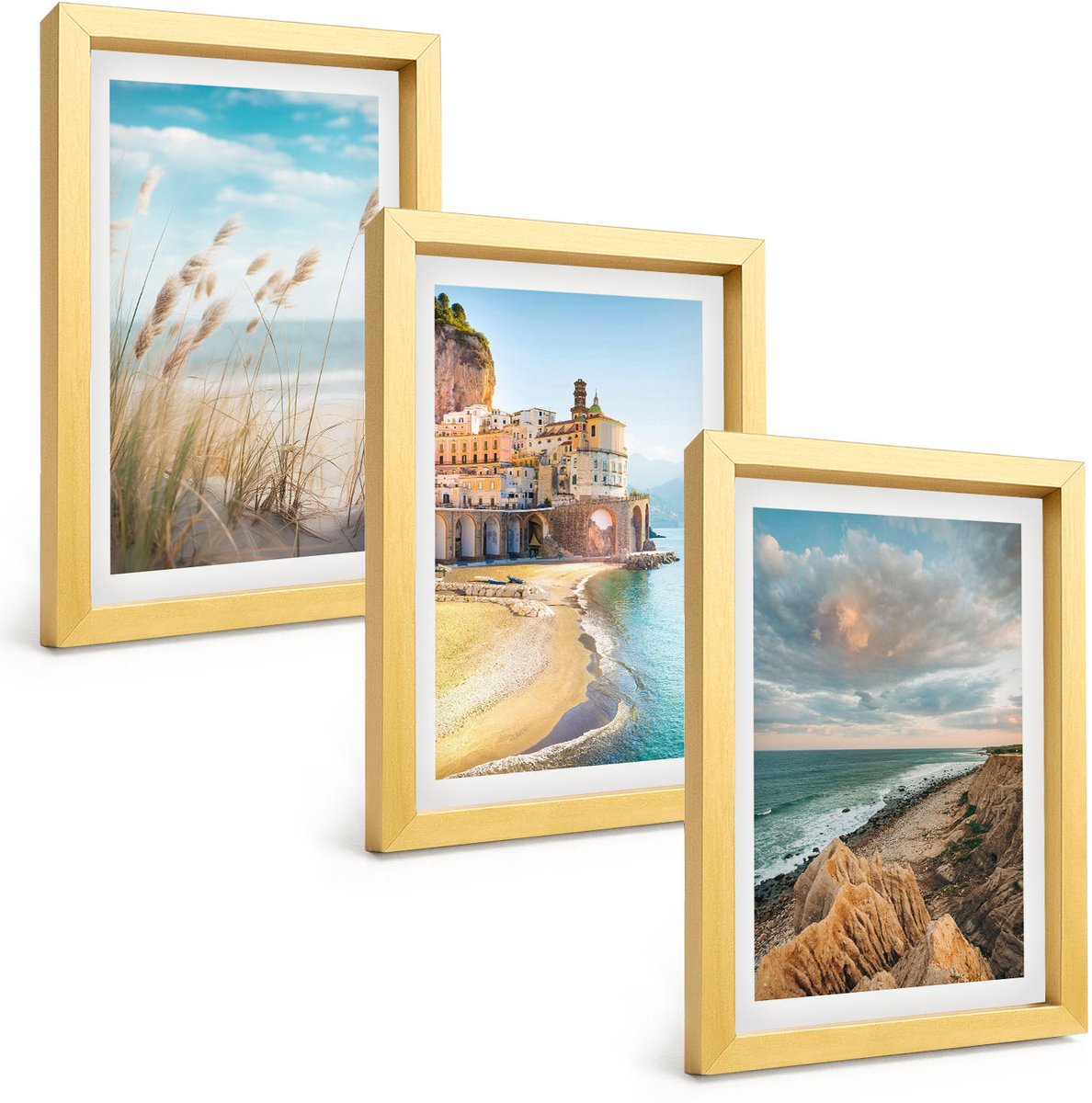 TULUP 4-Delige Schilderij Set - Kustlandschappen met strand, stad en kliffen - 20 x 30 cm - Schilderijen Set - Wanddecoratie - Woonkamer - Interieur Decoratie Gouden lijst