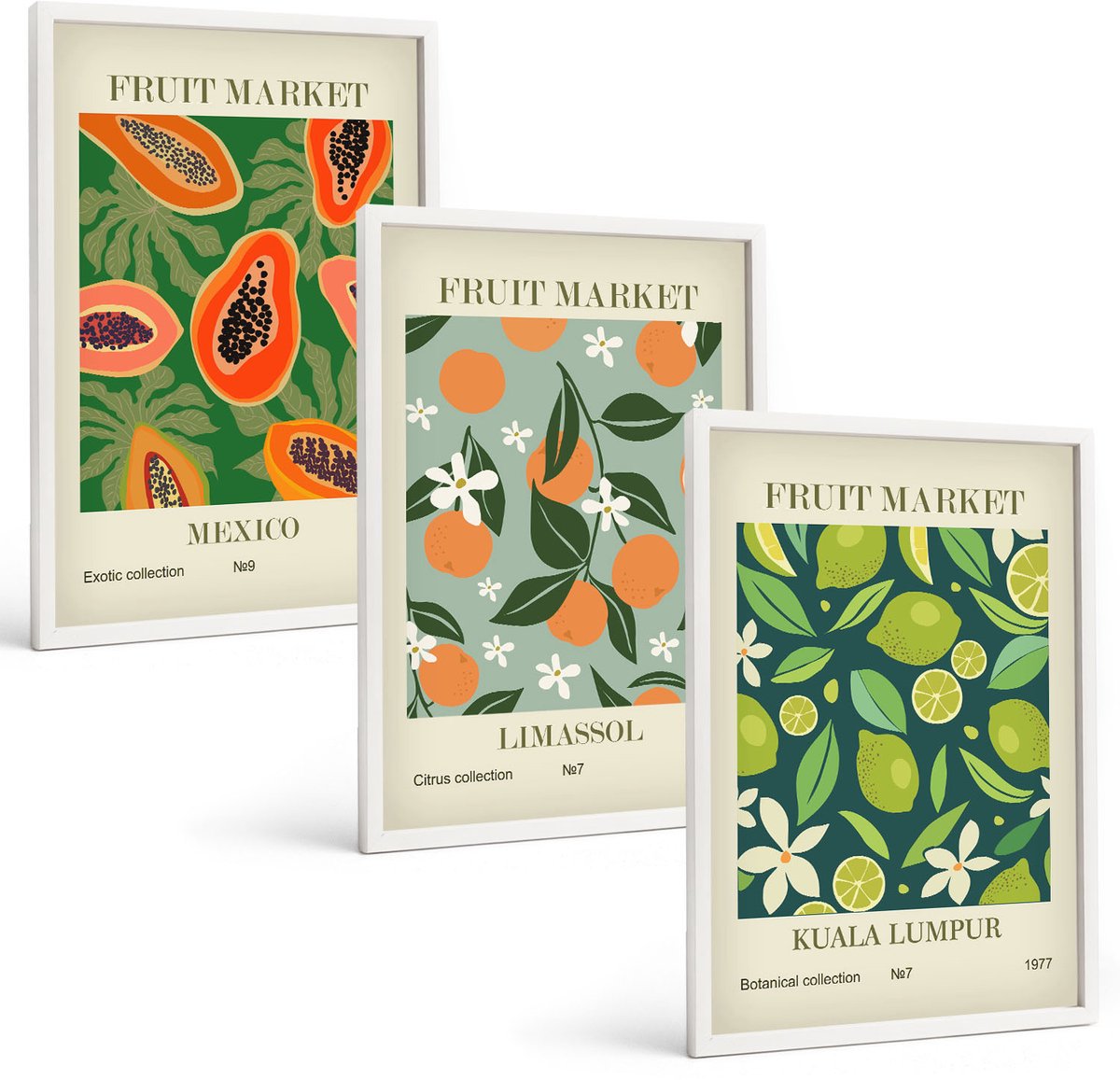Tulup 3-Delige Schilderij Set - Vintage posters met fruitpatronen - 40x60 - Decoratieve Schilderijen - Wanddecoratie - Hal - Stijlvolle Muurdecoratie